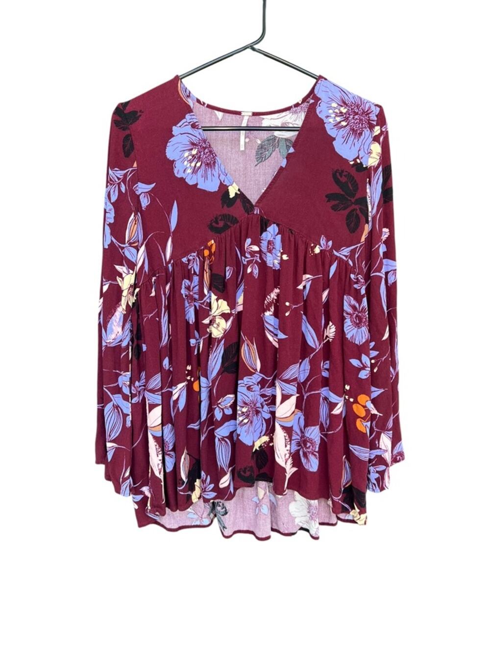 Free People Bella Top XS Burgundy Floral Boho Babydoll Tunic Bell Sleeve